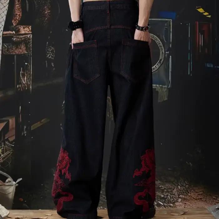 Nouveau Jean Baggy Brodé Dragon Rouge 2026 pour Hommes – Style Y2K Streetwear Punk