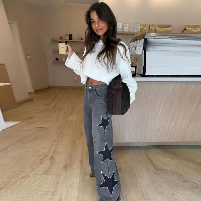 Chic métal Rivet femmes Denim pantalon taille haute droite Baggy jambe large jean pantalon traînant élégant vêtements de rue pantalon décontracté pour printemps été occasions variées