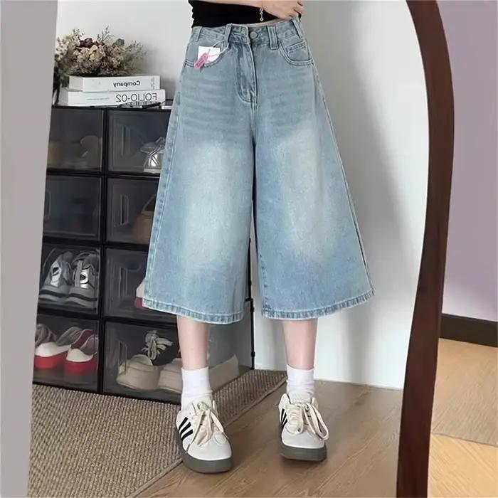 Jean droit taille haute bleu clair délavé pour femme