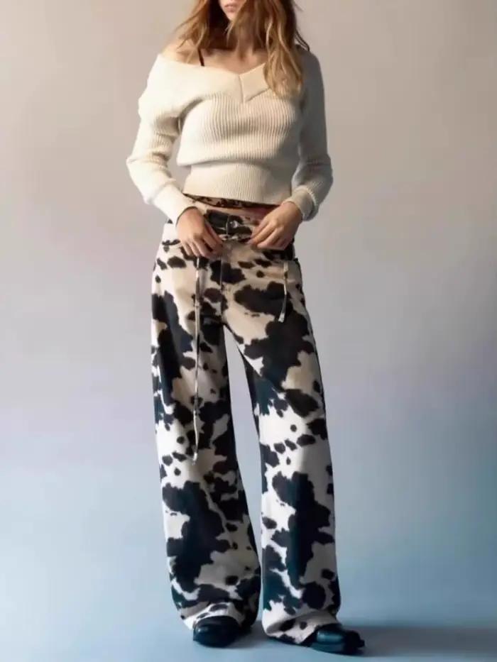 HOUZHOU Vintage vache imprimé jean femmes Y2k Baggy Hip Hop lavé Denim pantalon Grunge rétro Streetwear jambe large