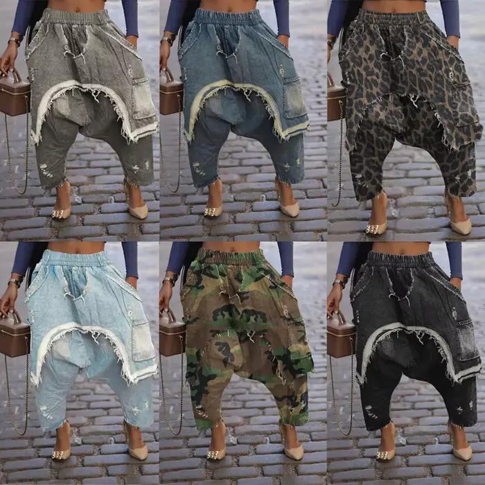 Pantalon Denim Déchiré Jenyage Style Safari Taille Elastique Polyvalent Occasions Spéciales