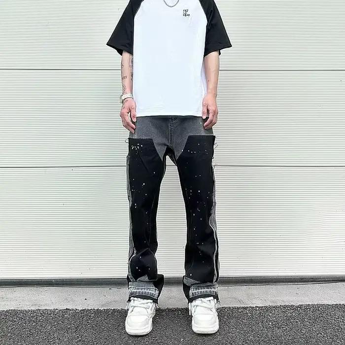 Pantalon micro évasé éclaboussé d'encre jeans homme marque tendance européenne américaine mode streetwear occasions spéciales