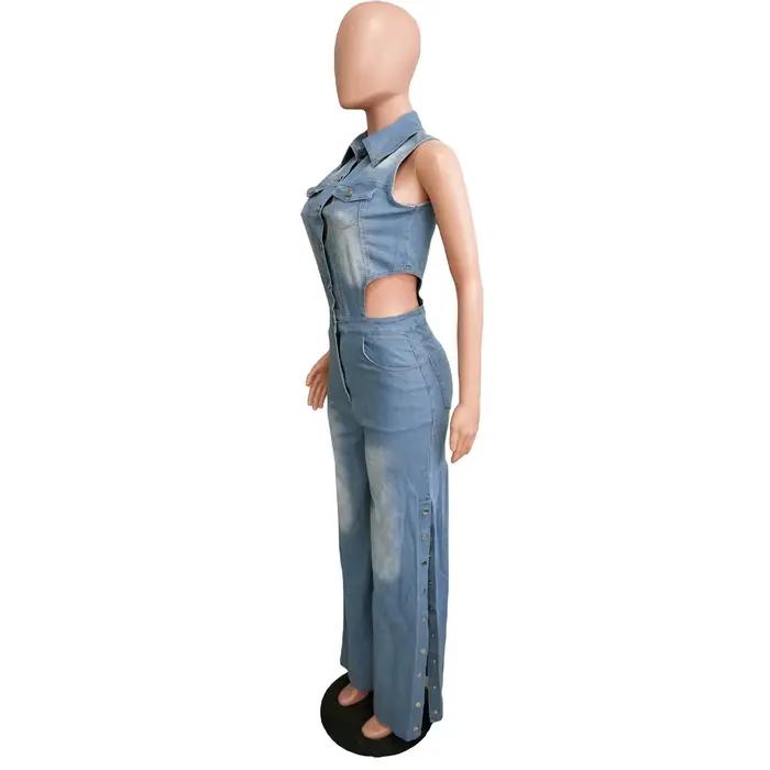 Combinaisons en denim pour femmes, une pièce, col rabattu, salopette, gaine, sexy, droite, longue, pantalon, barboteuses, coupe couvertes, polyester, drap fin, décontracté, automne hiver