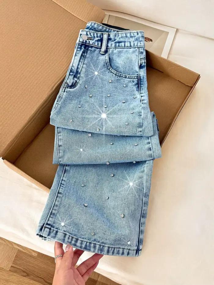 Jeans ample à jambe droite avec design clouté style coréen pour femmes mode estivale durable polyester denim
