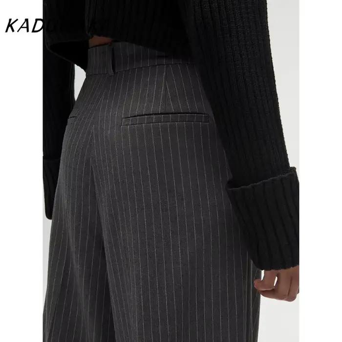 KADUWAKI femmes mode taille haute rayé jambe droite pantalon Vintage fermeture éclair ample couleur unie