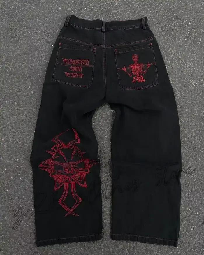 Jeans Harajuku Y2K Hommes Pantalon Décontracté à Jambes Larges Imprimé Noir Taille Haut Style Vintage Occasionnels Shopping