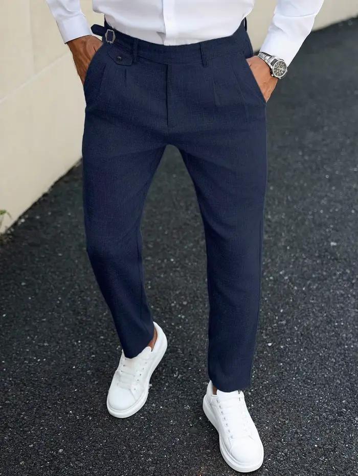 Pantalon chinois homme double plissé texturé viscose polyester élasthanne coupe slim fuselée longueur cheville décontracté bureau occasions semi-formelles