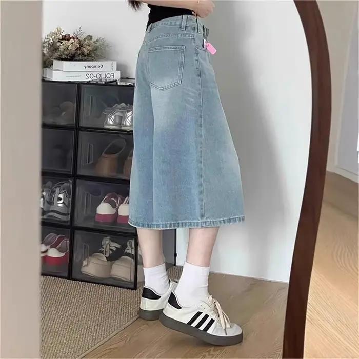 Jean droit taille haute bleu clair délavé pour femme