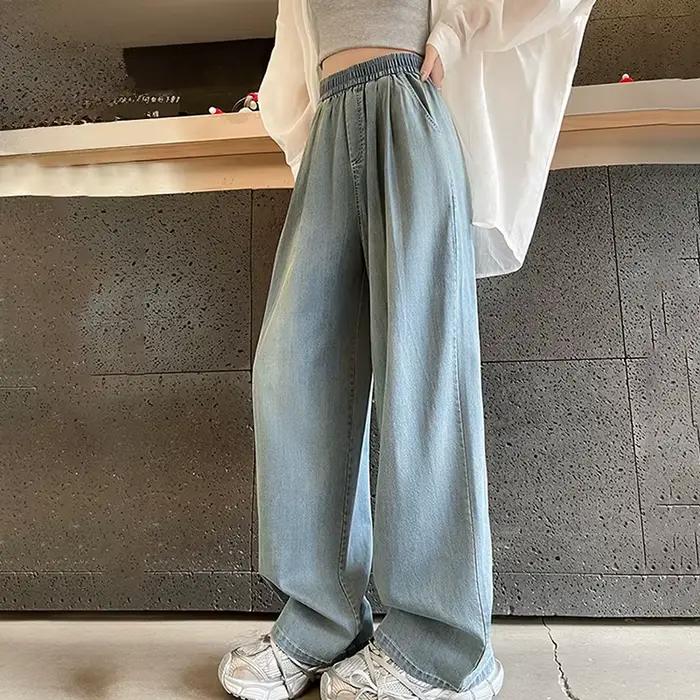 Jean décontracté à taille élastique pour femme, coupe large, denim souple et léger, style Harajuku, pantalon droit, mode automne, style décontracté polyester adoucissant