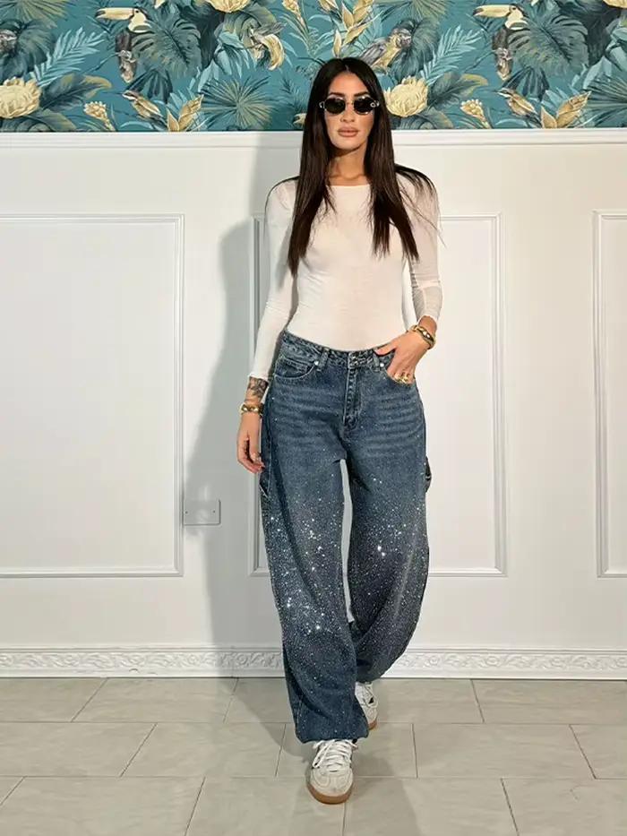 Nouveau femmes brillant luxe tout strass rose Denim jean pantalon taille haute jambe droite