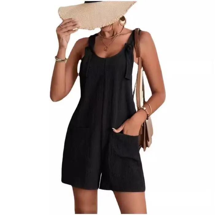 Femmes jambes larges salopette décontracté sangle réglable sans manches Double poche combinaisons Sexy ample basique quotidien barboteuses OUFY-308