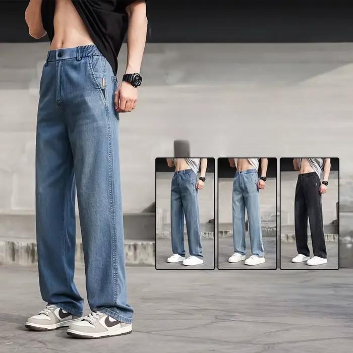 Jean d'été léger et fin homme coupe droite en Lyocell polyester décontracté et élégant pour seniors occasions quotidiennes et cadeaux d'anniversaire