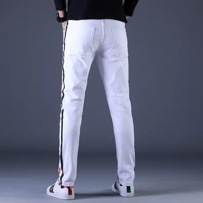 Mode de rue hommes jean blanc Stretch coupe maigre épissé concepteur Biker