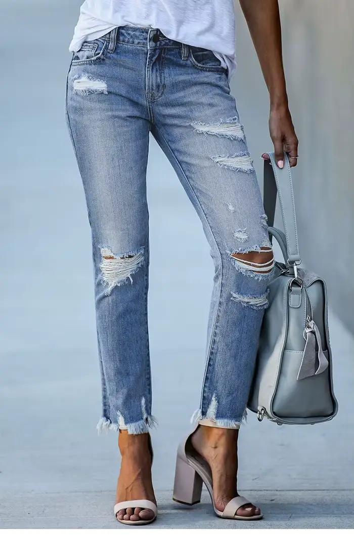 Jean skinny déchiré délavé vintage pour femme pantalon en denim mince été skinny coupe droite haute couture mode années 80