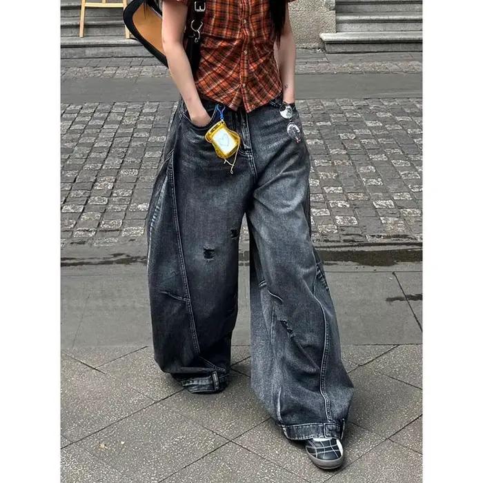 Jean noir féminin vintage à taille haute cargo jeans amples pour femmes été décontracté ample grand tailles jambes larges denim baggy pantalon Y2K