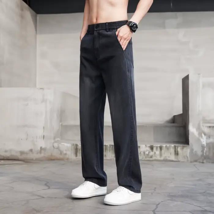 Jean d'été léger et fin homme coupe droite en Lyocell polyester décontracté et élégant pour seniors occasions quotidiennes et cadeaux d'anniversaire