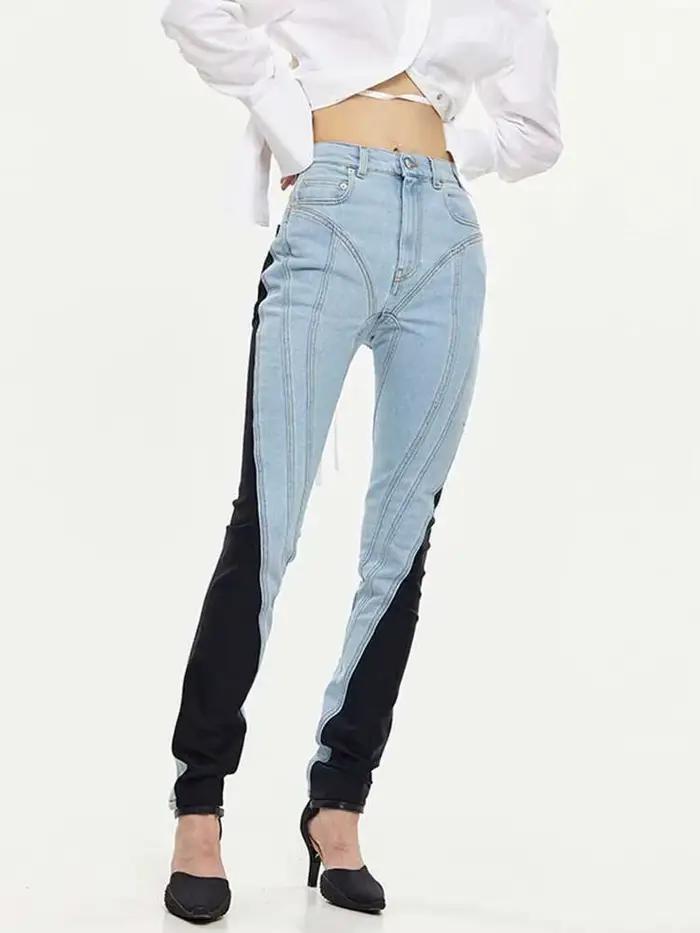 Jeans slim taille haute DEAT en denim patchwork pour femmes, occassions décontractées et stylées