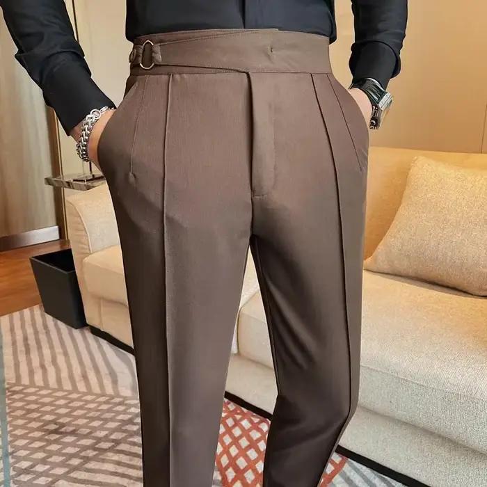 Pantalon décontracté taille haute homme style britannique automne hiver coton polyester élégant pour hommes occasions décontractées et formelles