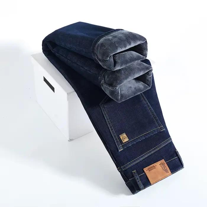 Hiver chaud polaire jean hommes épais thermique décontracté droit Denim pantalon mâle travail d'affaires Stretch