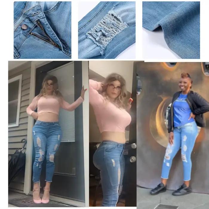 Jean Capri Femme Skinny Déchiré et Délavé en Denim Extensible Coupe Courte à la Cheville