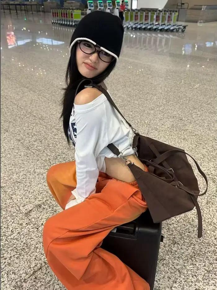 NUOMICI jean femme Orange taille mi basse lavé rétro jambe large sport ample Kpop hip-hop pantalon de rue mode