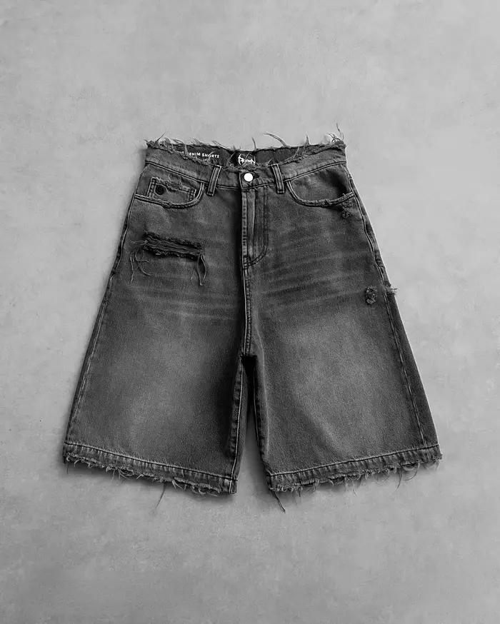 Shorts en jean noir délavé, style streetwear hip-hop, déchirés, pour l'été