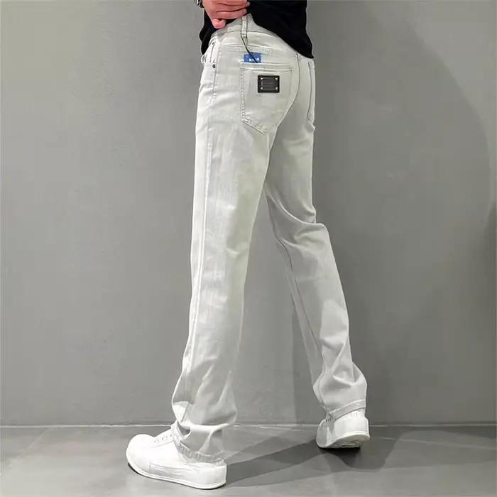 Jeans droits de haute qualité pour homme, coupe ample, décontracté, bleu, pantalon longueur cheville, matériau coton mélangé, pour printemps et été, style minimaliste, quotidien, ajustement confortable, fermeture bouton volant
