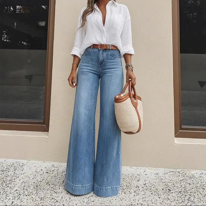 Jean large délavé taille haute amincissant pour femme
