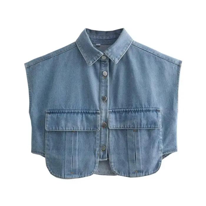 Chemisier court en denim décontracté avec col rabattu et poches pour femmes de style streetwear, polyvalent pour toutes les saisons