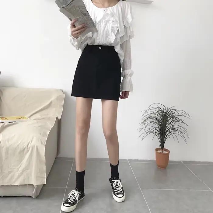 Jupes en jean femmes été solide blanc noir basique taille haute jupe courte Femme a-ligne
