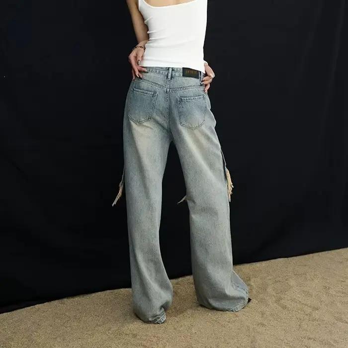 Nouveau Jean bywindto Femme 2026 Tendance Effet Usé Coupe Ample Décontracté Jambes Larges Droites Longues Polyester Coton Mélangé Occasions Spéciales