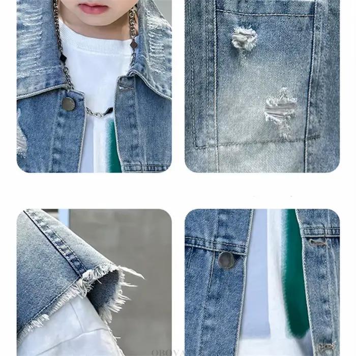 Gilet en Denim Déchiré à Motif Vintage pour Adolescent Garçon