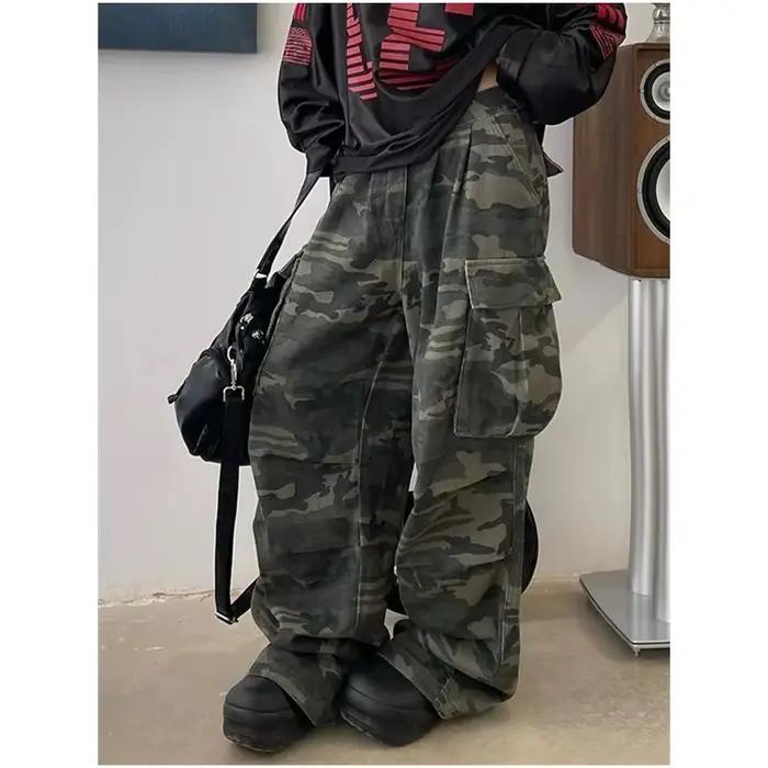 Jeans vert militaire pour femmes, taille haute, vintage, baggy droit, pantalon en denim Y2K, hip hop, mode américaine, jambes larges, high street, automne hiver