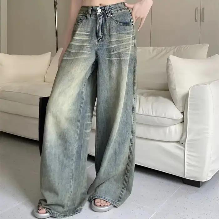 Jeans Y2K ample à la taille haute pour femmes style rétro lavage vintage plaid pour occasions spéciales et tous les jours