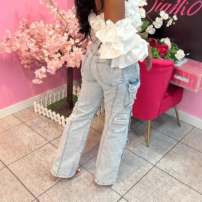 Jean Cargo Femme Coupe Droite Multi-Poches Taille Haute Extensible Denim Vintage Délavé Streetwear 2026