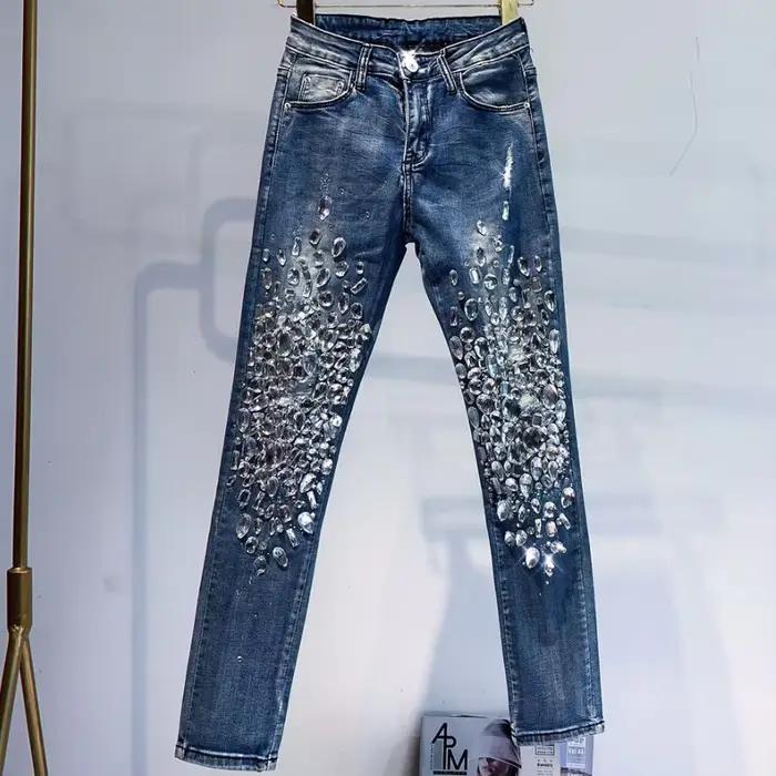 Jean en denim vintage vinieer brodé de fusées éclairantes pour femme pantalon crayon skinny perlé mode de luxe occasions spéciales
