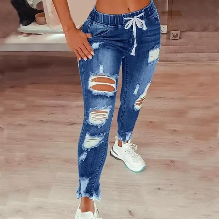 Mode Vintage bleu déchiré jean femmes taille élastique cordon crayon Denim