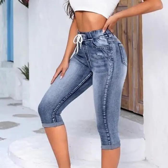 Jean taille haute pour femme, leggings vintage, élastique, taille haute, poches Wstring, pantalon en denim, longueur mollet, coupe slim, 2024