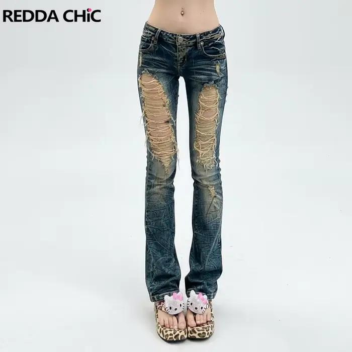 REDDACHiC jean slim taille basse pour femmes Vintage en détresse trous détruit extensible Denim botte coupe pantalon Y2k Gyaru Streetwear