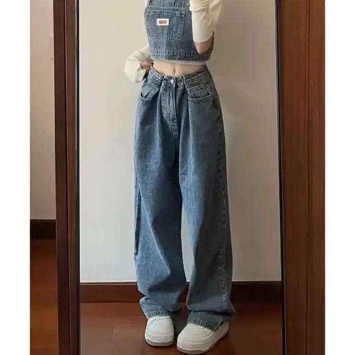 Jeans baggy taille haute en denim vintage pour femmes