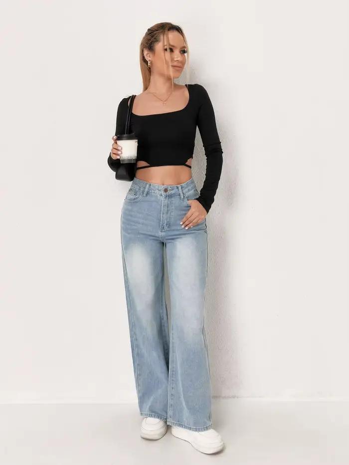 Jean à jambes larges bleu délavé pour femme