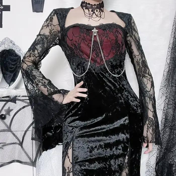 Goth foncé élégant centre commercial gothique femmes robes de soirée Grunge esthétique e-girl velours robe mi-longue