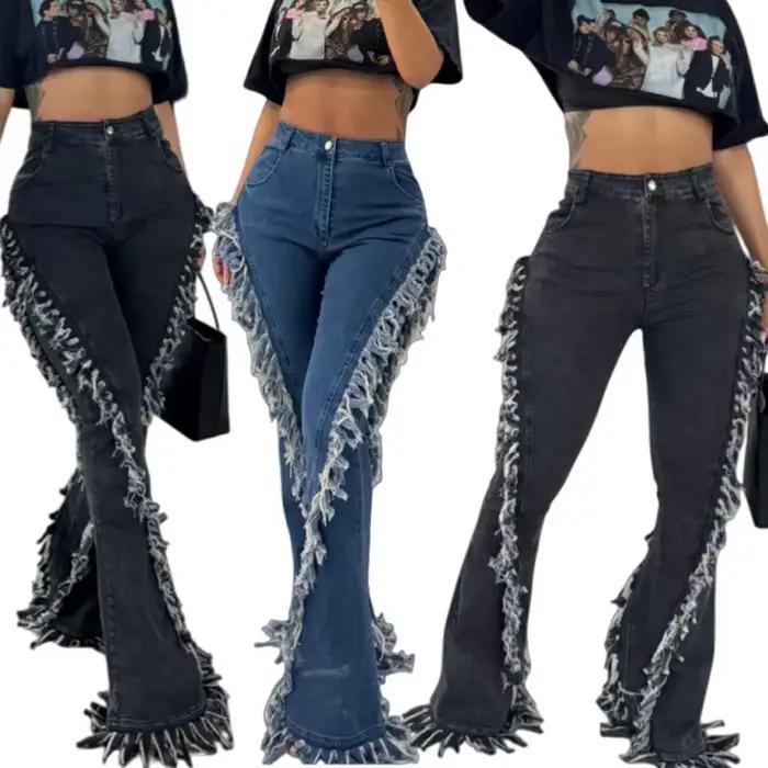 Pantalon évasé en Denim à franges en détresse pour femme