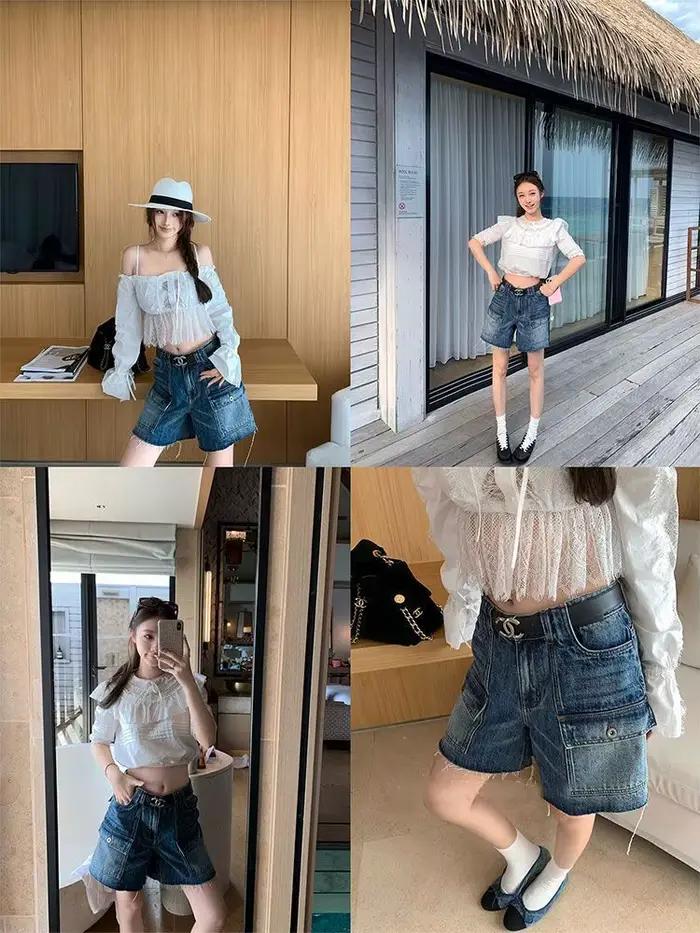 Short en jean cargo droit délavé style rétro pour femme - Nouvelle collection été