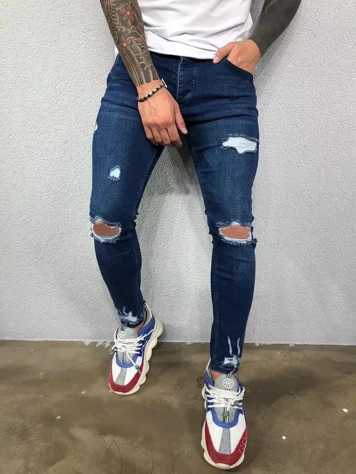 Mode rue Style genou déchiré jean moulant hommes Vintage lavage solide Denim pantalon