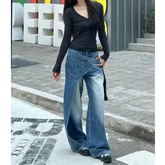 Jean en denim délavé grande taille style streetwear américain pour femme