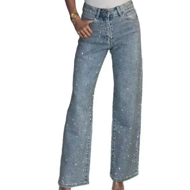 Jean droit pour femmes diamants pantalon Stretch taille haute lavé poches en détresse Vintage Denims Streetwear femme