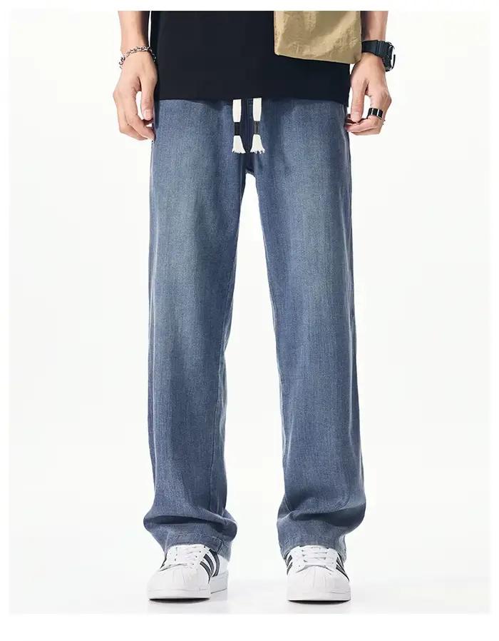 Jean droit fin d'été en lyocell et polyester pour hommes, coupe ample et élastique, disponible en plusieurs tailles grandes et couleurs, pour un look décontracté et élégant toutes les journées d'été