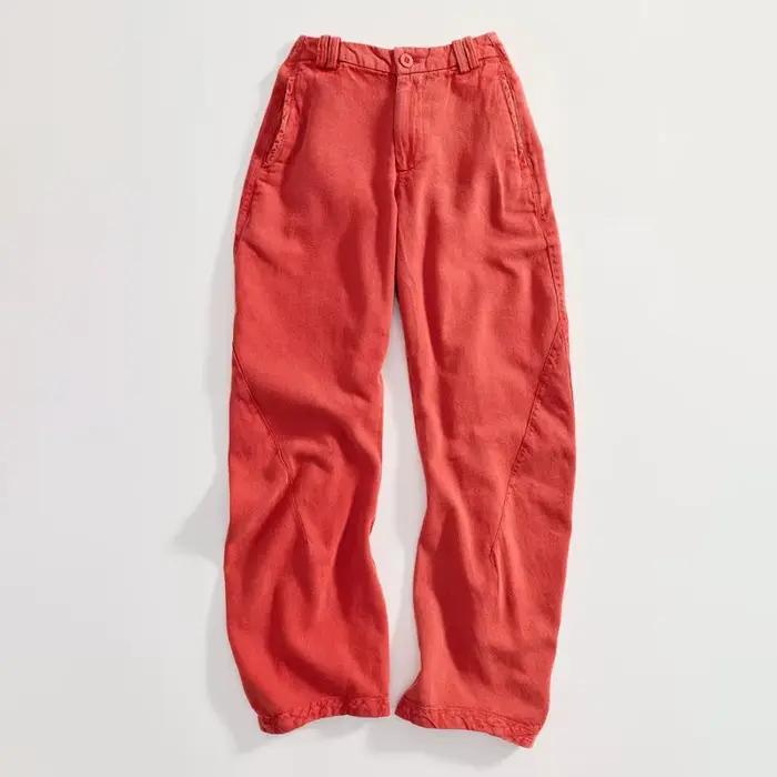 Pantalon large décontracté taille haute en coton lavé coupe baril pour femme