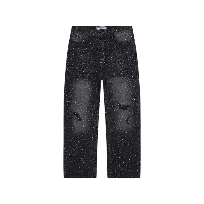 Vintage brillant strass trou lavé en détresse Baggy jean pantalon pour hommes droit décontracté ample déchiré Denim